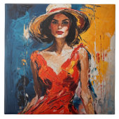 Vrouw in Rode Cocktail Jurk Tegeltje (Voorkant)