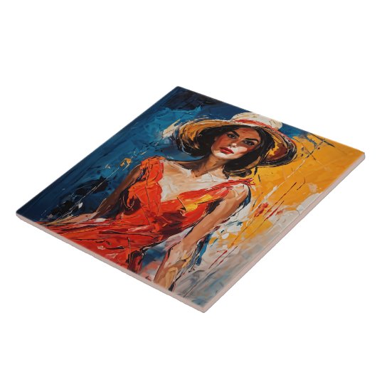 Vrouw in Rode Cocktail Jurk Tegeltje (Zijkant)