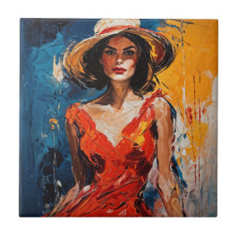 Vrouw in Rode Cocktail Jurk Tegeltje