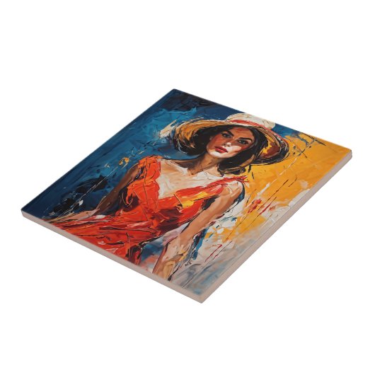 Vrouw in Rode Cocktail Jurk Tegeltje (Zijkant)