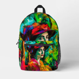 Vrouw in Rode Hoed Bedrukte Rugzak