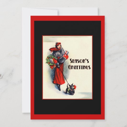 Vrouw in rode jas met Schotse Terriër Open Huis Kaart (Voorkant)