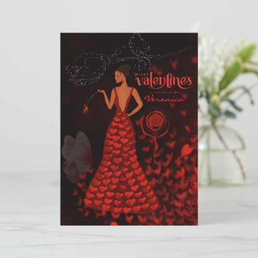 Vrouw in rode jurk Valentijnsdag Kaart (Staand voorkant)