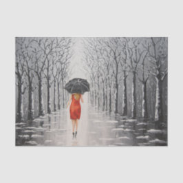 Vrouw in Rode Rondlopen door het sneeuwwitboek Tissuepapier