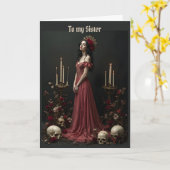 Vrouw in rode schedels met zuster verjaardag kaart (Gele Bloem)