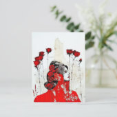 Vrouw in rood met rode rozen briefkaart (Staand voorkant)