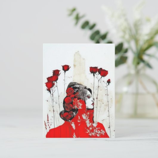 Vrouw in rood met rode rozen briefkaart (Staand voorkant)