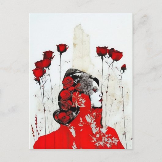 Vrouw in rood met rode rozen briefkaart (Voorkant)