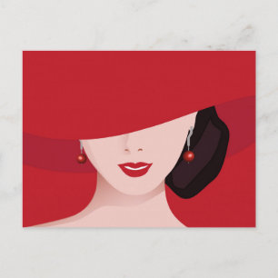 Vrouw in Rood Pet Retro Art Briefkaart