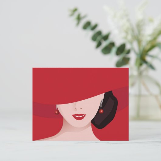 Vrouw in Rood Pet Retro Art Briefkaart (Staand voorkant)