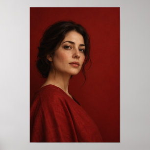 Vrouw in rood portret tegen karmozijnrode achtergr poster