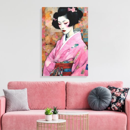 Vrouw in roze kimono canvas afdruk (Insitu (Woonkamer))