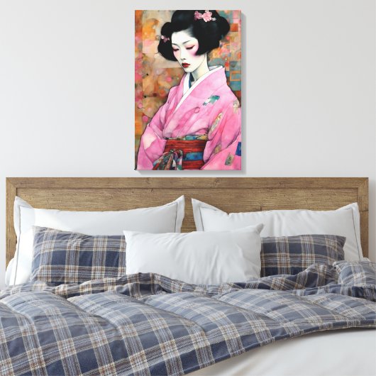 Vrouw in roze kimono canvas afdruk (Insitu (Slaapkamer))