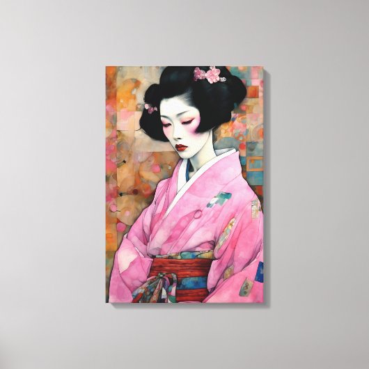 Vrouw in roze kimono canvas afdruk (Voorkant)