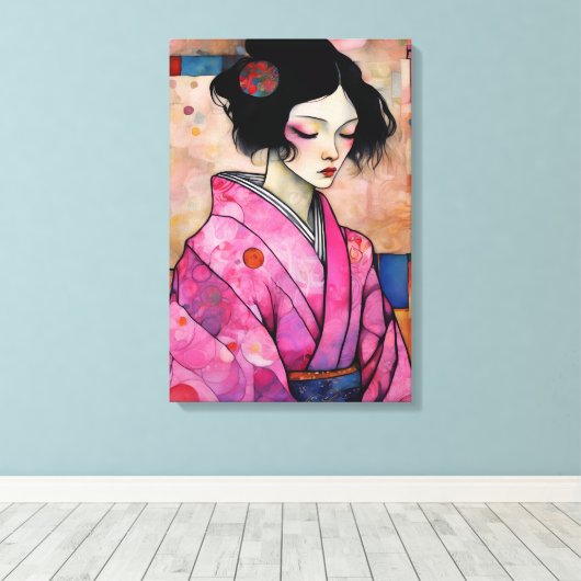 Vrouw in roze kimono canvas afdruk (Insitu (Houten vloer))