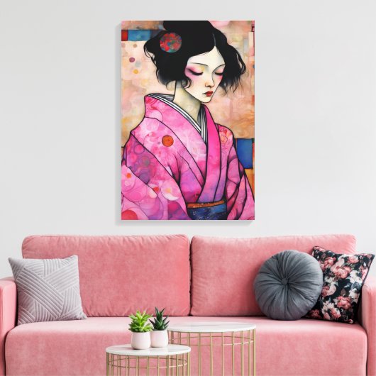 Vrouw in roze kimono canvas afdruk (Insitu (Woonkamer))