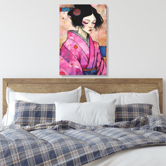 Vrouw in roze kimono canvas afdruk (Insitu (Slaapkamer))