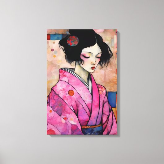 Vrouw in roze kimono canvas afdruk (Voorkant)