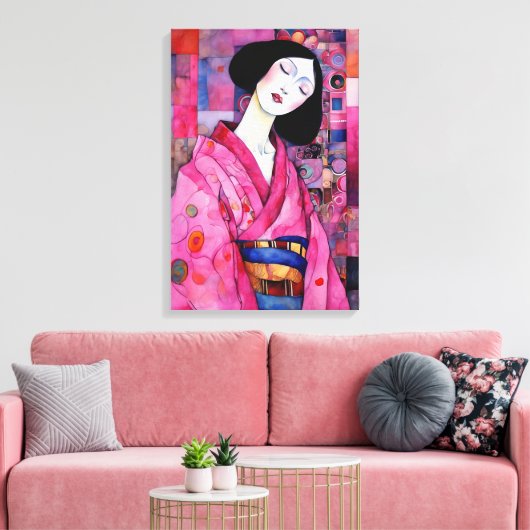 Vrouw in roze kimono canvas afdruk (Insitu (Woonkamer))