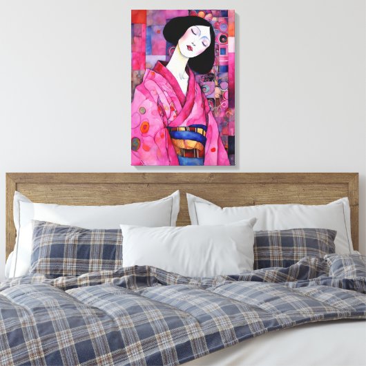 Vrouw in roze kimono canvas afdruk (Insitu (Slaapkamer))