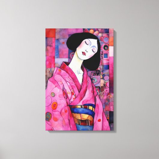 Vrouw in roze kimono canvas afdruk (Voorkant)