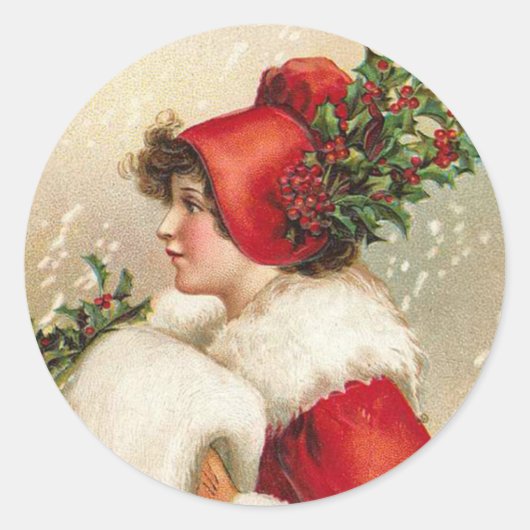  Vrouw in Scarlet Victoriaans Vakantiekaarten Ronde Sticker (Voorkant)
