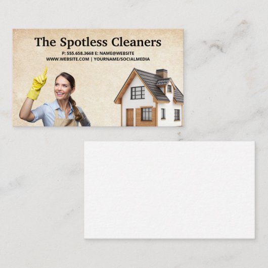 Vrouw in Schort en handschoenen | moderne woning Visitekaartje (Voorkant / Achterkant)