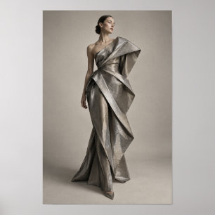 Vrouw in sculpturale metalen zilveren jurk mode W Poster