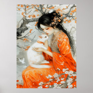 Vrouw in Sinaasappel met witte kat Poster