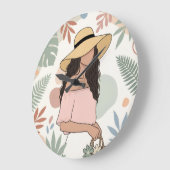 Vrouw in strohoed met bloemen grote klok (Hoek)
