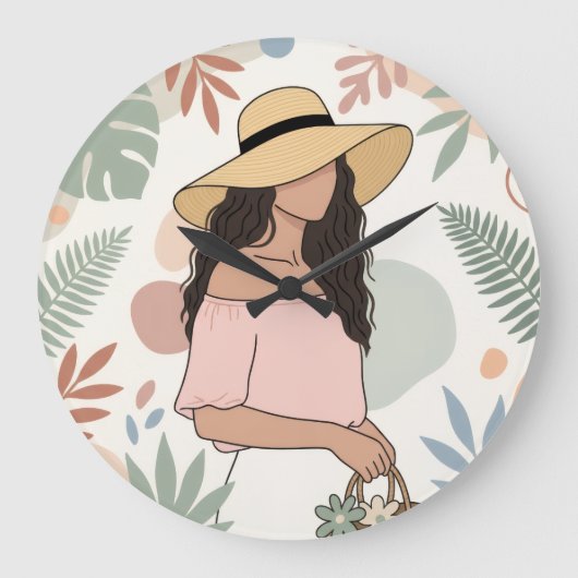 Vrouw in strohoed met bloemen grote klok (Voorkant)