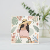Vrouw in strohoed met bloemen kaart (Staand voorkant)
