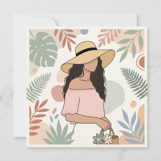 Vrouw in strohoed met bloemen kaart (Voorkant)