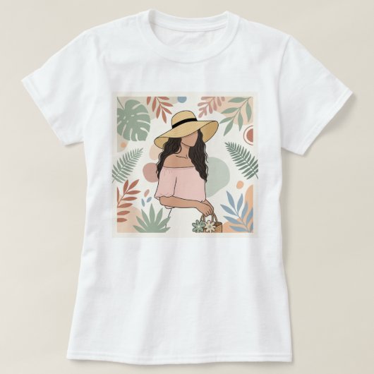 Vrouw in strohoed met bloemen t-shirt (Design voorkant)
