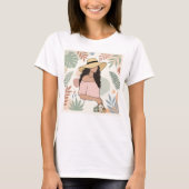 Vrouw in strohoed met bloemen t-shirt (Voorkant)