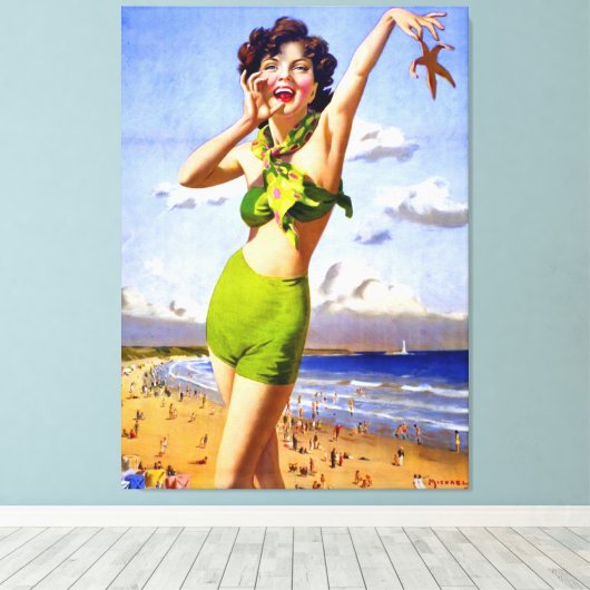 Vrouw in Swimsuit strand Canvas Afdruk (Insitu (Houten vloer))
