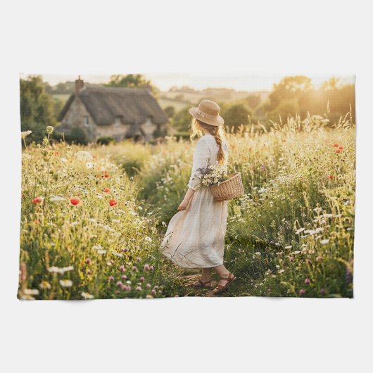 Vrouw in tarweveld theedoek (Horizontaal)