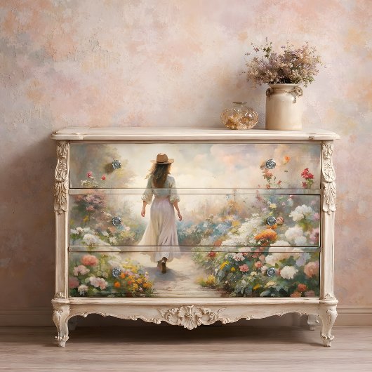 Vrouw in Tuinpad - Romantische Bloemendecoupage Tissuepapier