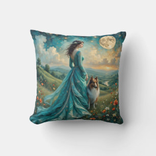 Vrouw in Turquoise jurk en Sable Rough Collie Kussen
