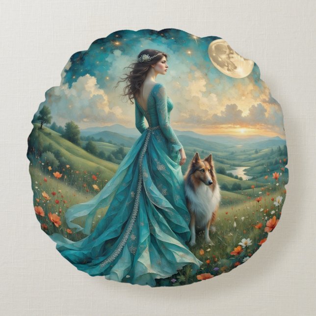 Vrouw in Turquoise jurk en Sable Rough Collie Rond Kussen (Voorkant)