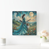 Vrouw in Turquoise jurk en Sable Rough Collie Vierkante Klok (Huis)