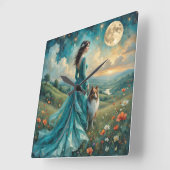 Vrouw in Turquoise jurk en Sable Rough Collie Vierkante Klok (Hoek)