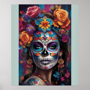 Vrouw in Verbluffende Sugar Skull Make-up Poster