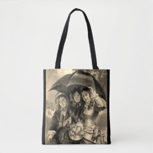 Vrouw in victoriaanse tijd met paraplu regenachtig tote bag
