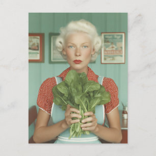 Vrouw in vintage stijl met verse bladgroenten briefkaart