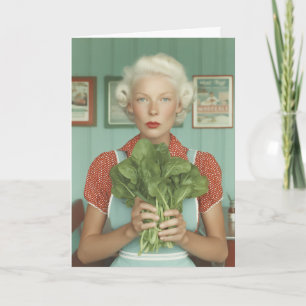 Vrouw in vintage stijl met verse bladgroenten kaart
