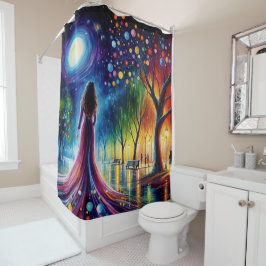 Vrouw in vloeiende jurk wandelen in kleurrijk bos douchegordijn