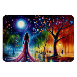 Vrouw in vloeiende jurk wandelen in kleurrijk bos magneet