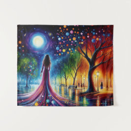 Vrouw in vloeiende jurk wandelen in kleurrijk bos wandkleed