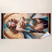 Vrouw in weelderige gouden turquoise kleding van X Strandlaken (Voorkant)